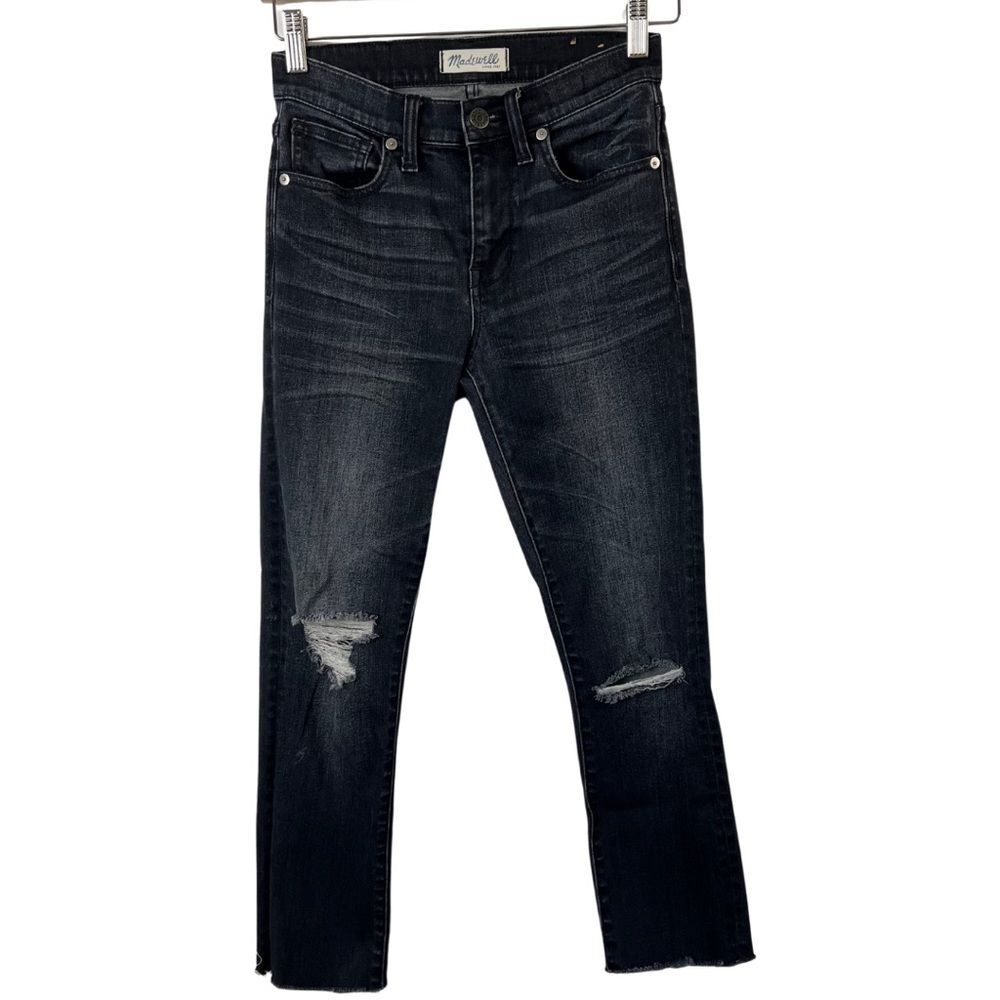 Black Madewell High Rise Skinny Jeans Distressed Knees Raw Hem Size 25